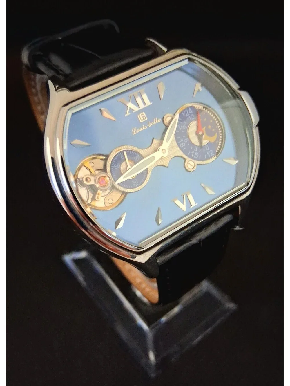 SUPER RARE Louis Bolle Pioneer II Men's Automatic Skeleton 44mm Moon Phase Watch